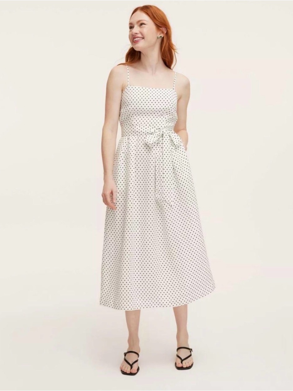 kate spade White Midi Dress with Black Polka Dots and Tie Waist